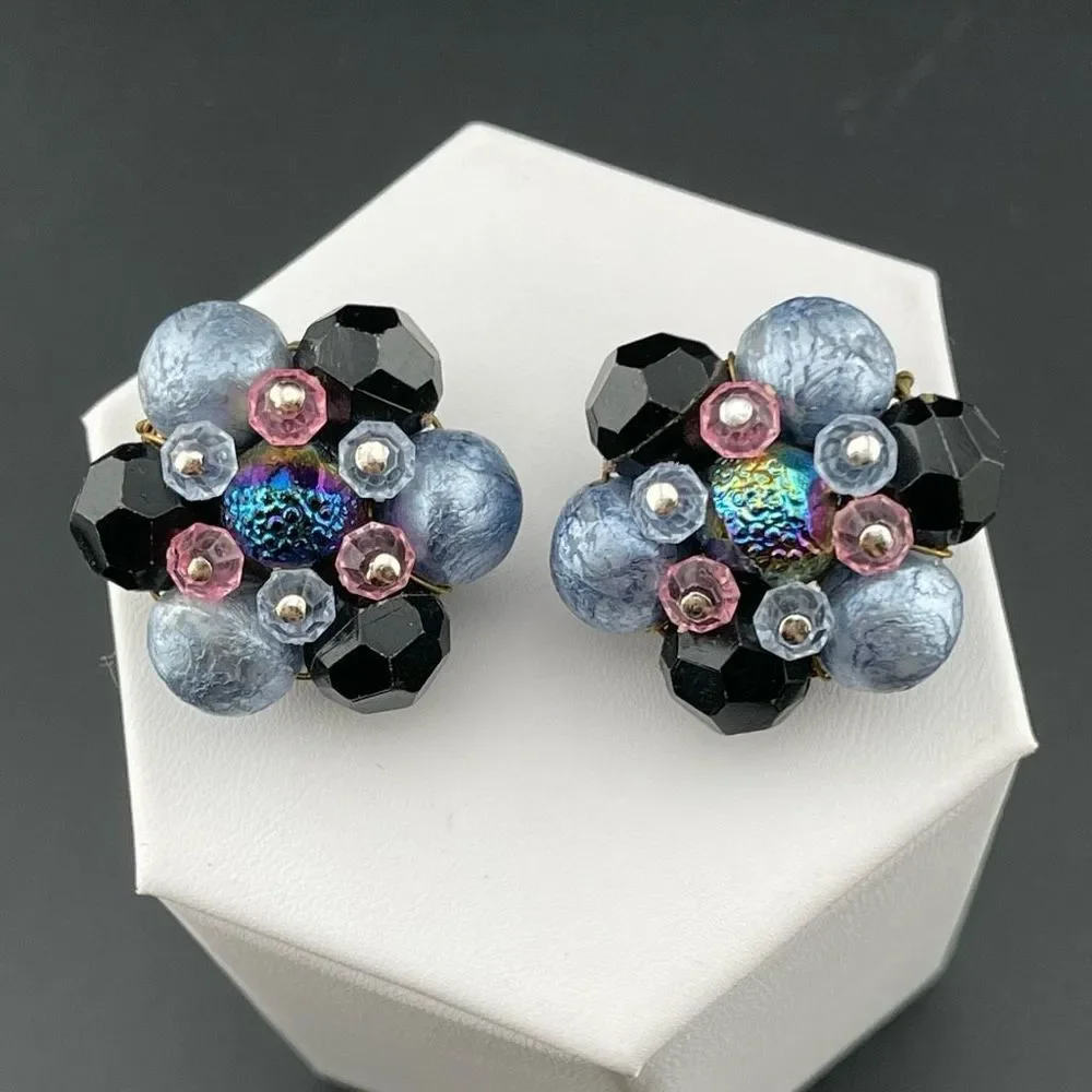Western Germany Vintage Estate Signed Blue Black Pink Beaded Clip On Earrings
